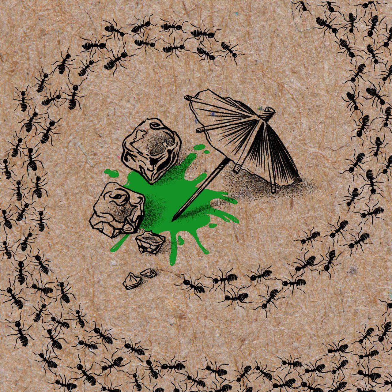A detailed illustration on a textured, light brown background shows two large ice cubes, a small cocktail umbrella, and a green liquid puddle—suggesting a spilled cocktail. The scene is framed by a continuous line of black ants, which form a death spiral around the central image, creating a sense of movement and trapping themselves in an endless loop. The overall style is monochromatic, with the blue liquid providing the only splash of color.